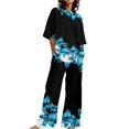 thumbnail image 1 of nsendm Pantalons pour Femmes Combinaison de Fête Adulte Été Col Rond Manches Courtes Imprimé Floral pour Invité de Mariage (Bleu, m), 1 of 5