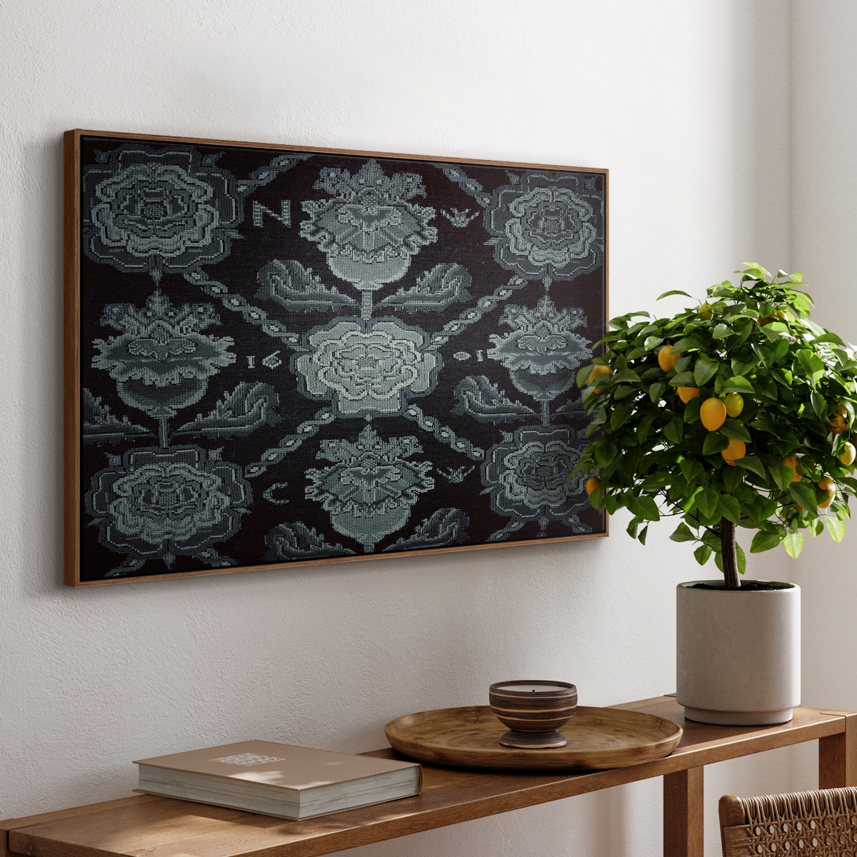 Vintage Abstract Print-LIV Framed in Walnut Wood Gallery Wrapped Canvas 17 in. x 25 in.