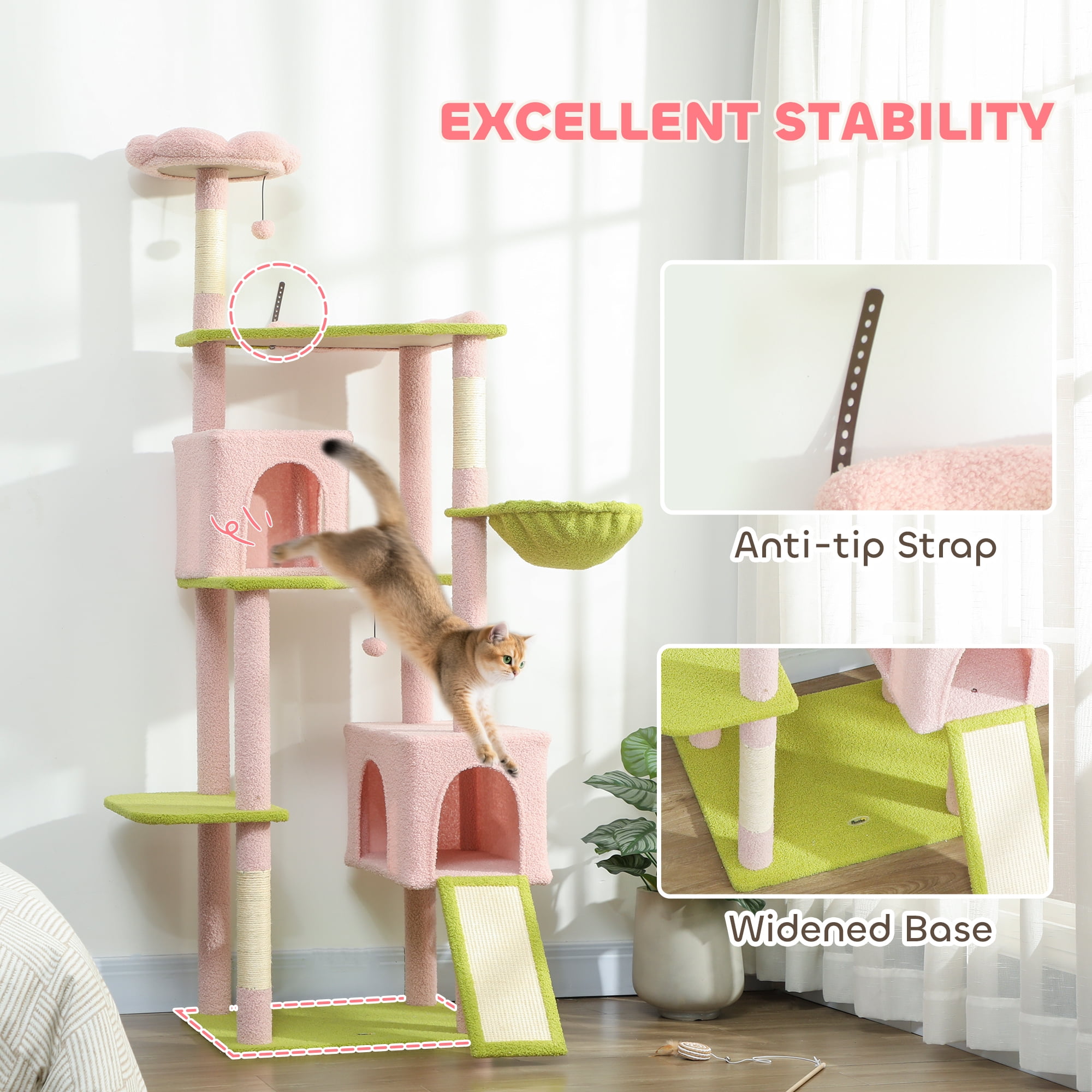 PawHut 74" Flower Cat Tree, Large Cat Tower Metal Frame Hammock, Scratcher Ramp, 3 Sisal Scratching Posts, 2 Condos, Perches, for Indoor Kittens, Pink