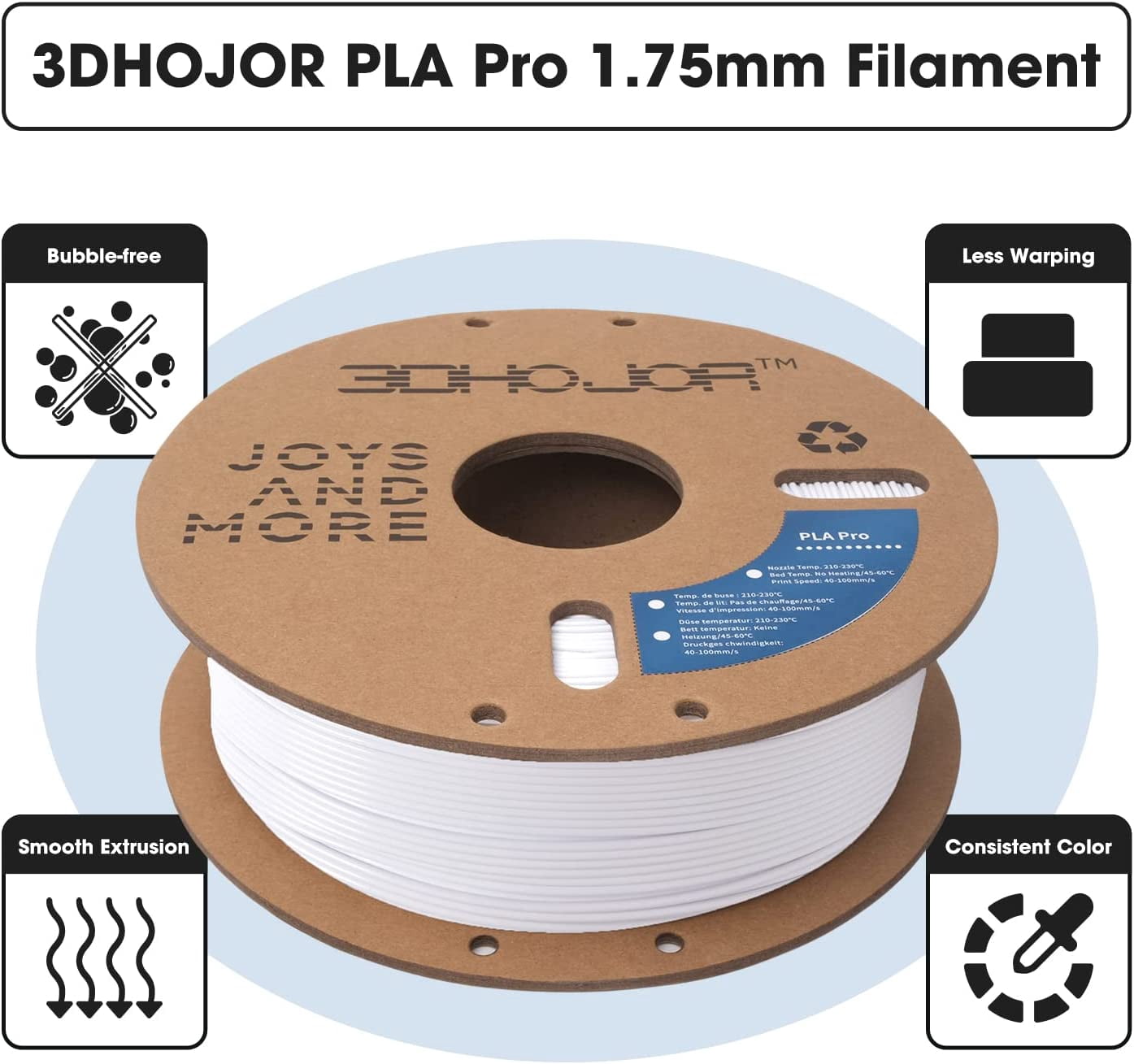 3DHoJor PLA Pro Filament 1.75mm Cold White,PLA Plus Filament, Odor Free, Clog Free 3D Printer Filament,1kg Cardboard Spool (2.2lbs), Dimensional Accuracy +/- 0.03 mm, Fit Most FDM