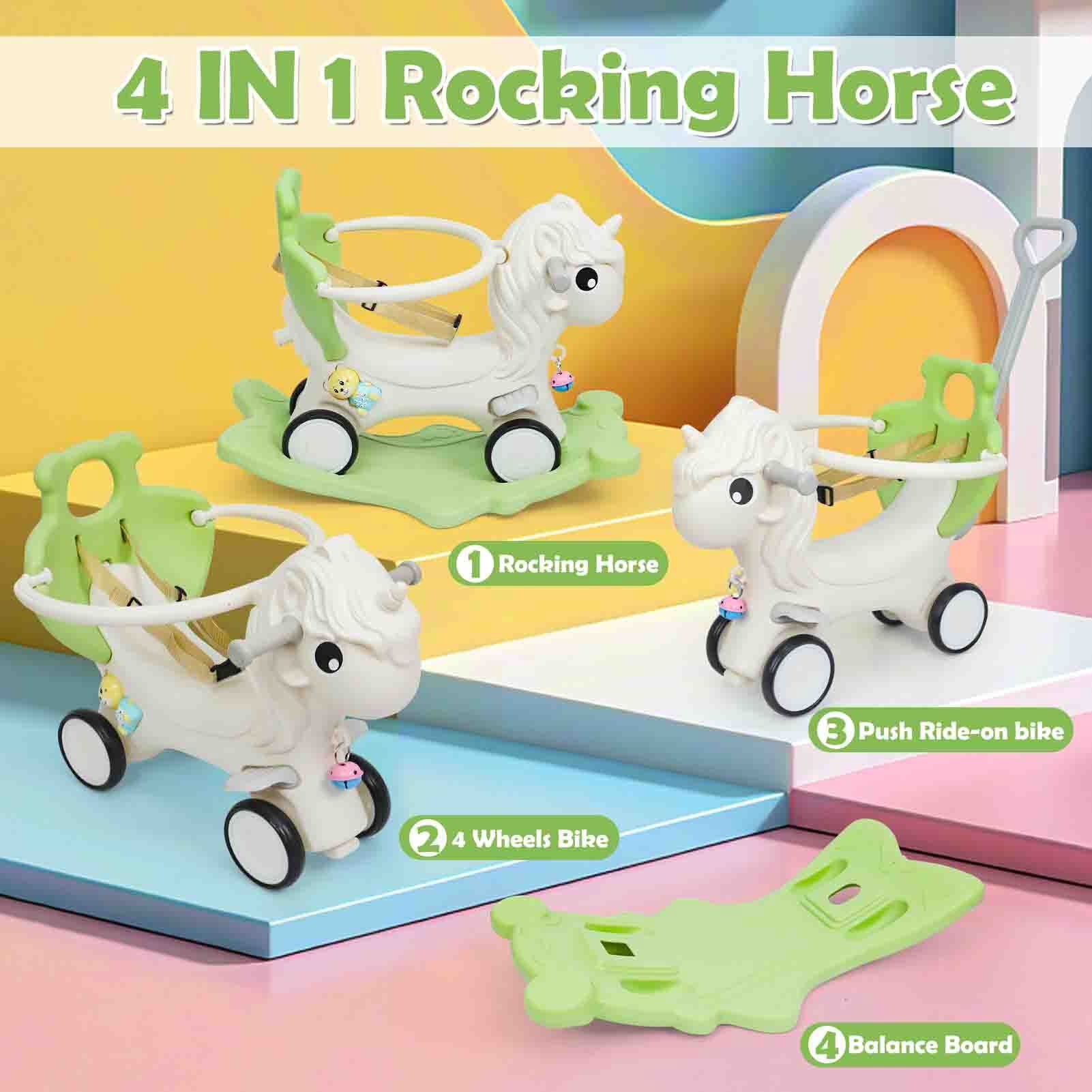 Wdmiya 4 in 1 Rocking Horse for Toddlers 1-3 Years Old, Baby Unicorn Rocking Toy Birthday Gift for Boy and Girl, Ride on Toy with Detachable Balance Board，Balance Bike with Push Handle, Green