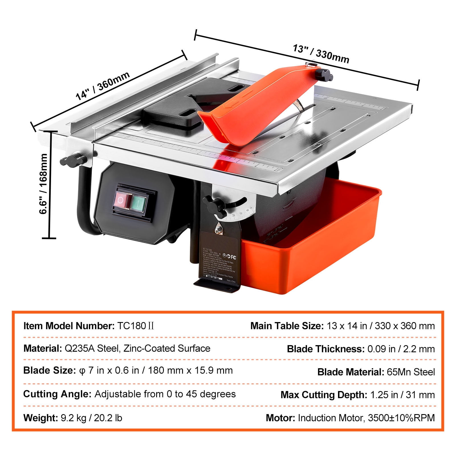 SKYSHALO Wet Tile Saw, 7-inch 65Mn Steel Blade, 3500 RPM Induction Motor, 0-45 Degrees Miter Angle for Cutting Tiles and Stones, Stainless Steel Deck for DIY
