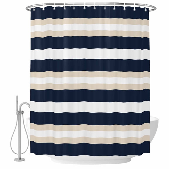 Khaki Navy Blue Stripe Shower Curtain Set with Hooks, Modern Abstract Water Repellent Shower Curtains for Bathroom Decor Sturdy Shower Curtain, Machine Washable 60x72 Inch