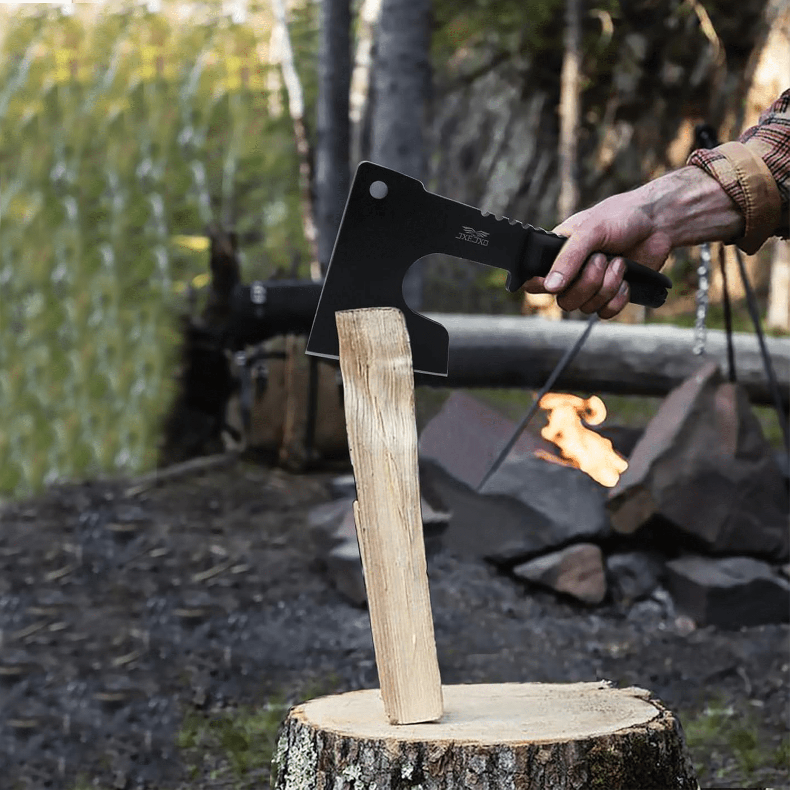 JXE JXO Camping Hatchet with Sheath, 9.8" Full Tang Steel Blade, Ergonomic Rubber Handle for Bushcraft