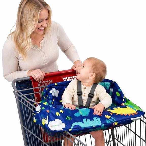 Pozico 2-in-1 Baby Shopping Cart and High Chair Cover, Washable with Storage Bag Blue Dinosaur Print for Baby Boys and Girls