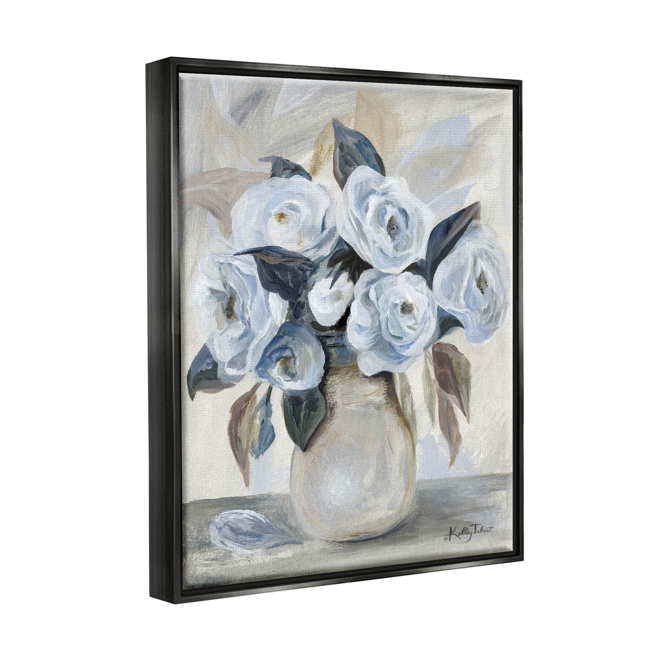 Stupell Industries Traditional Blue Rose Blossom Bouquet Painting Jet Black Floating Framed Canvas Print Wall Art, Design by Kelley Talent