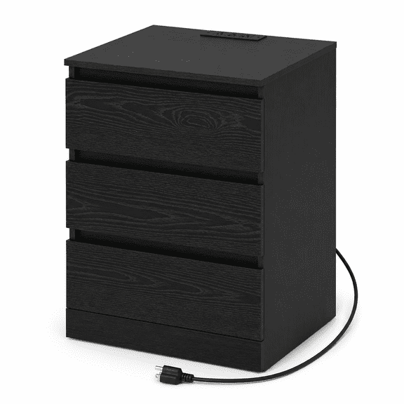 3 Drawer Nightstand with Charging Station, Black Bedside Table with Storage Drawers, Modern End Table for Bedroom, Living Room, Sofa Side and Home Organization