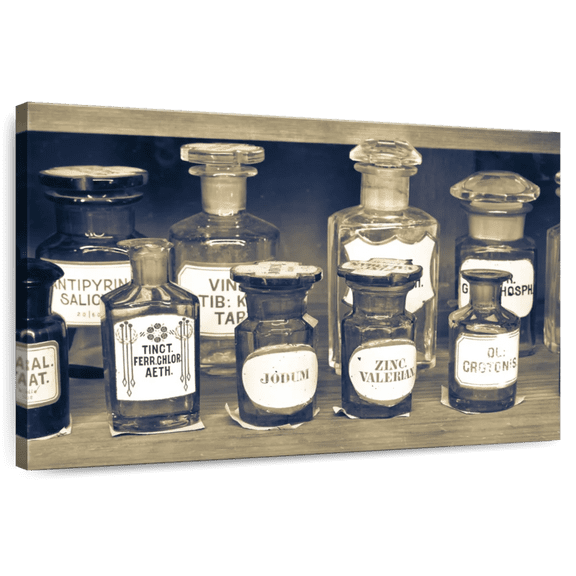 Elephant Stock Vintage Pharmacy Bottles Wall Art - Horizontal Canvas Wall Art - Living Room Wall Decor - Profession Canvas - Gray And Beige Decor - 12" x 8"