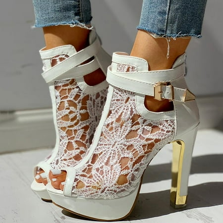 

Shpwfbe Shoes For Women Ladies High Heel Zip Up Hollow Casual Floral Lace Meshsandalias Para Mujersandals Women