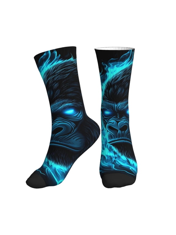 Crew Socks for Women Men Athletic - Black Gorilla Blue Flames Soft Comfort Breathable Mid-Calf Sole Running Socks Womens Men