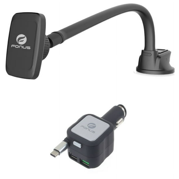 Retractable Car Charger w Magnetic Mount Holder R2D for Blackberry KEYone, Key2 LE - BLU G9, Vivo XI Plus 5 - CAT S61 S48c - Coolpad Legacy - Essential Phone (PH-1) - Google Pixel XL 3a XL 3