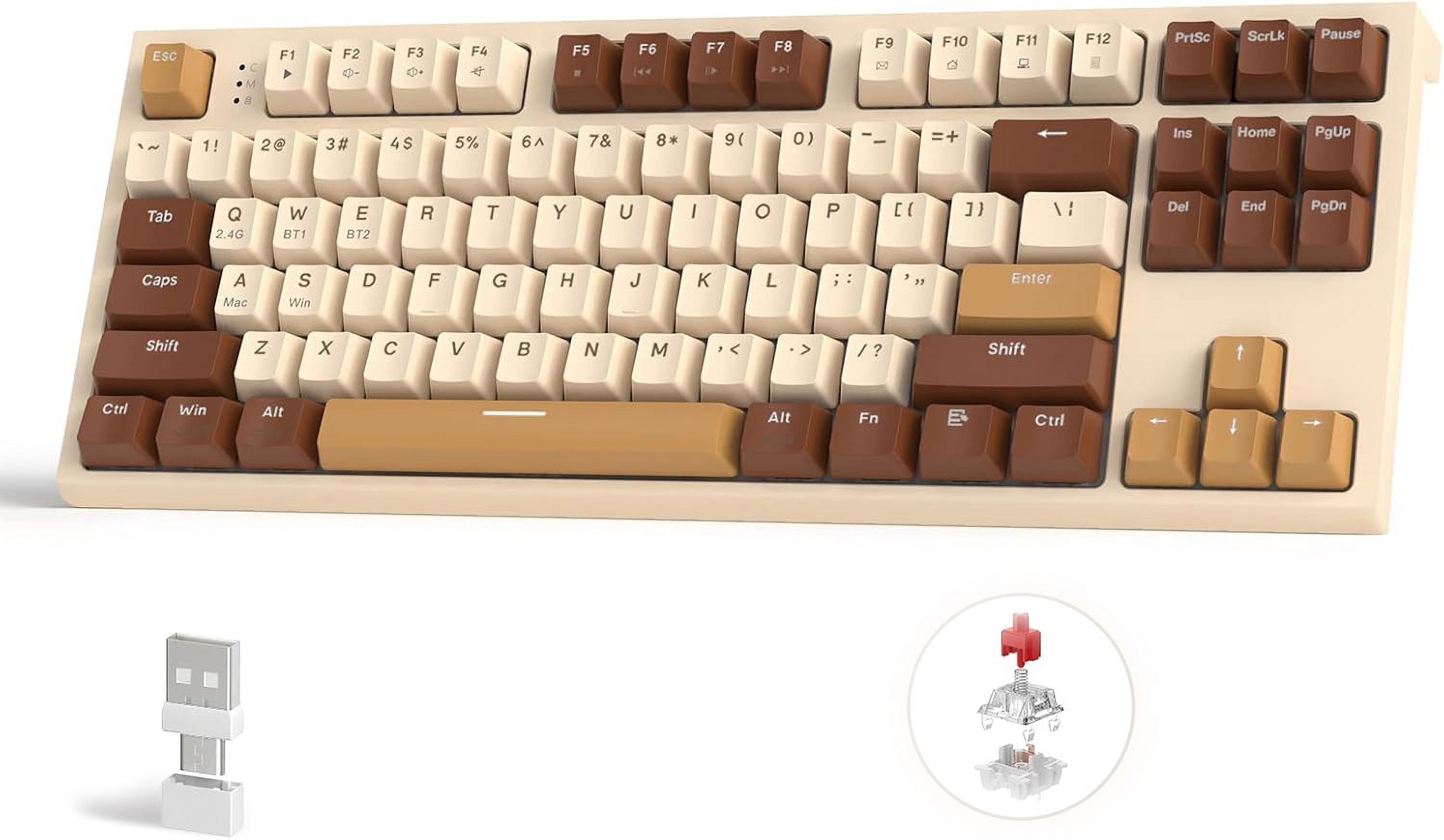 ZIYOULANG M88 Wireless Gaming Keyboard, Hot Swappable TKL Mechanical Keyboard, Bluetooth/2.4Ghz Dual Mode Connect, Type C/USB A 2-in-1 Receiver, 87 PBT Keycaps Red Switch for PC/MAC - Milk Tea
