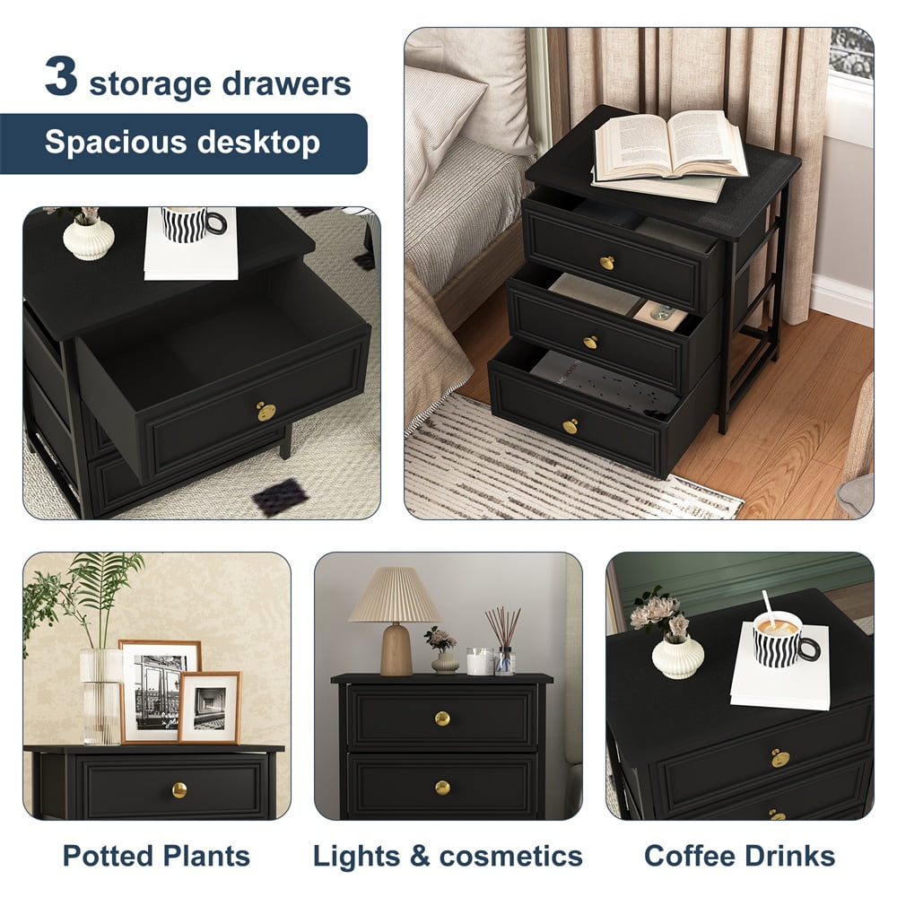 Kepooman Black Nightstand with 3 Drawers, Night Stand for Bedroom, Small Dresser with Fabric Bins, Leather Finish