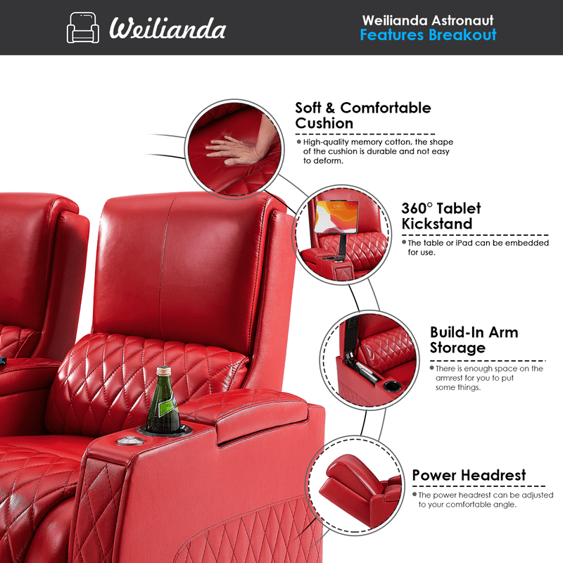 Weilianda Astronauts Reclining Sofa Electricity Recliner Zero Gravity Chair Top Grain Leather Movie Chair Gaming Sofa with Tray Table USB Charging Cup Holders,Row of 4 Loveseat Right Red