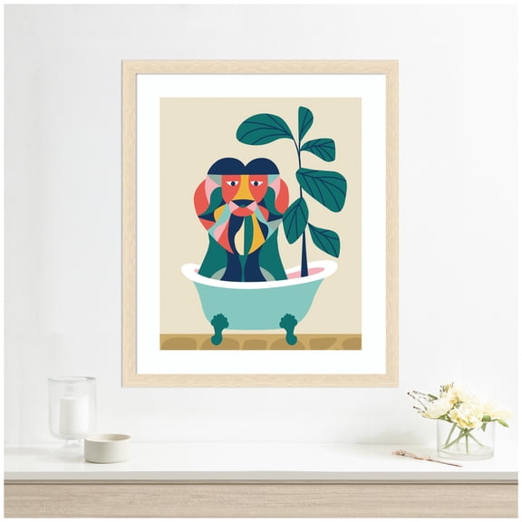 Kate and Laurel Framed Wall Art Print 'Mid Century Modern Lion in Bathtub' by Rachel Lee, 22 x 26, Woodgrain Stripe Blonde Frame, Mid Century Modern, Animal Art for Wall Decor