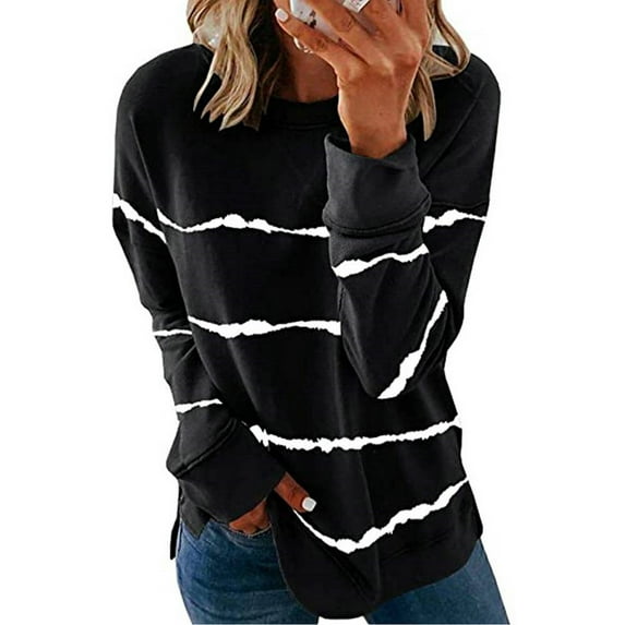 DYMADE Women Printed Striped Round Neck Loose Casual Long Sleeve Sweater