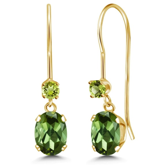 Gem Stone King 14K Yellow Gold Green Tourmaline and Green Peridot French Wire Dangle Earrings for Women (0.94 Cttw, Gemstone October Birthstone, Oval 6X4MM and Round 2.5MM)