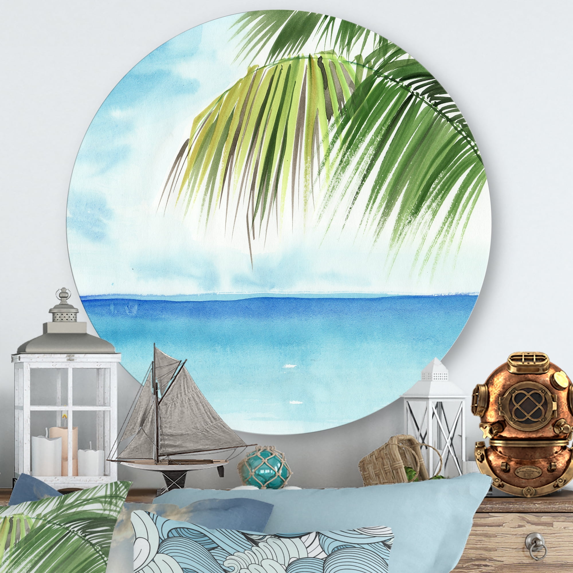 Designart 'Palm Beach Resort At Sunrise III' Nautical & Coastal Circle Metal Wall Art 23x23 - Disc of 23