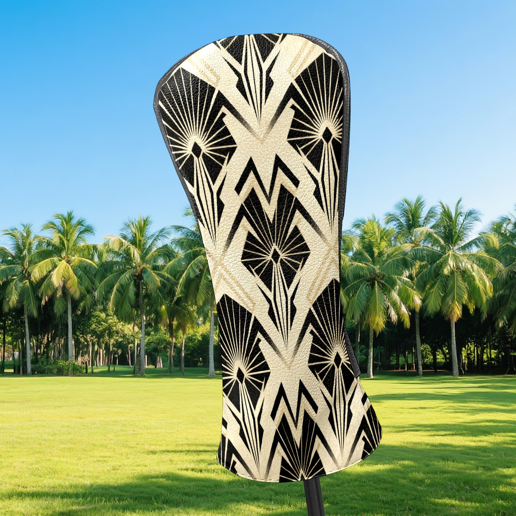 Golf Club Covers, Beige GeometricPattern Premium PU Leather Driver Hybrid Putter Head Covers with Velvet Lining, Waterproof Golf Gifts for Men Women