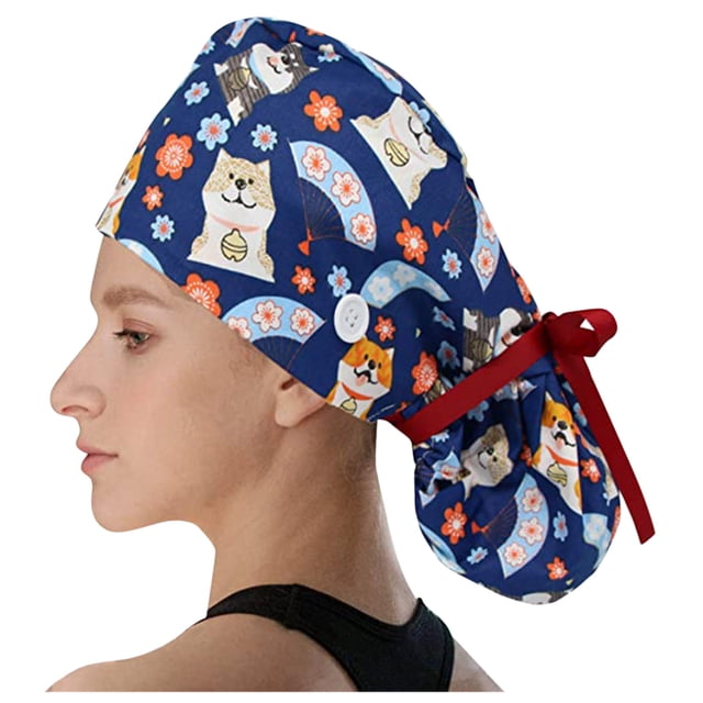 Scrub Cap With Buttons Bouffant Hat With Sweatband for Womens and Mens