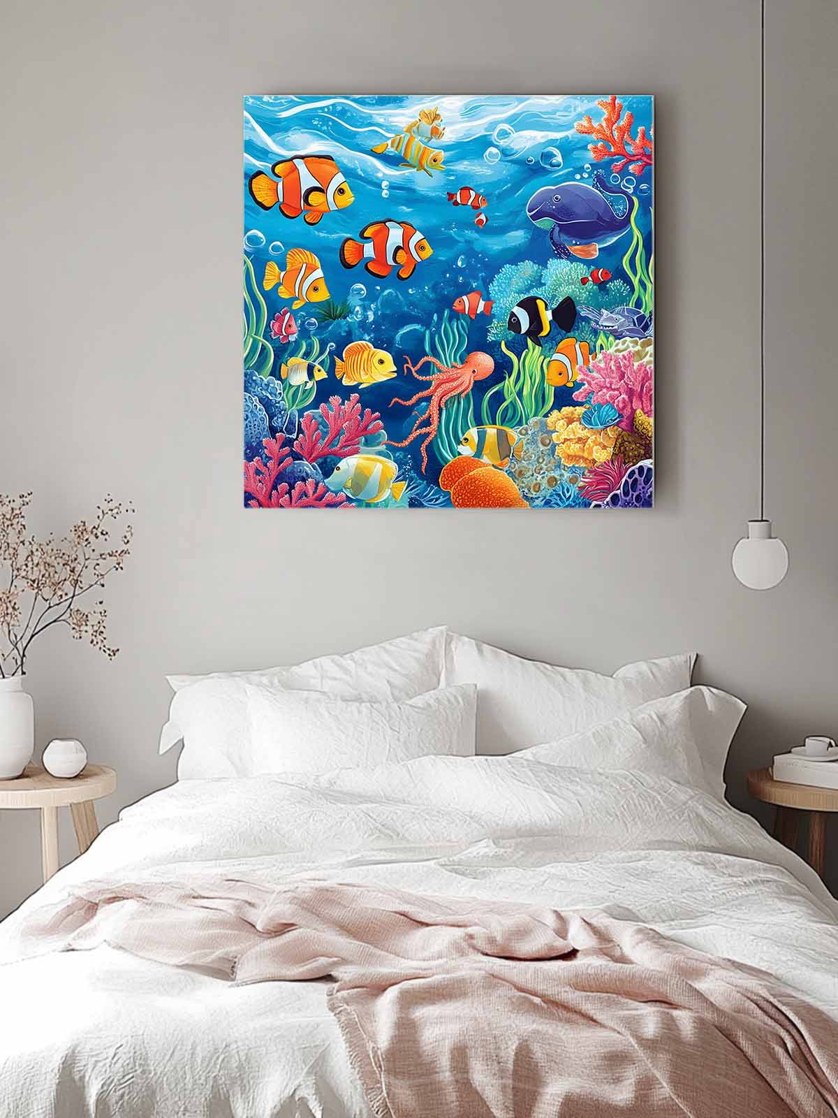 Ocean Underwater Canvas Wall Art, Marine Life Fish Octopus Coral Seagrass Framed Wall Decor Modern Artwork Prints Painting for Living Room, Bedroom, Kitchen & Cafe Decor 16x16 Inch