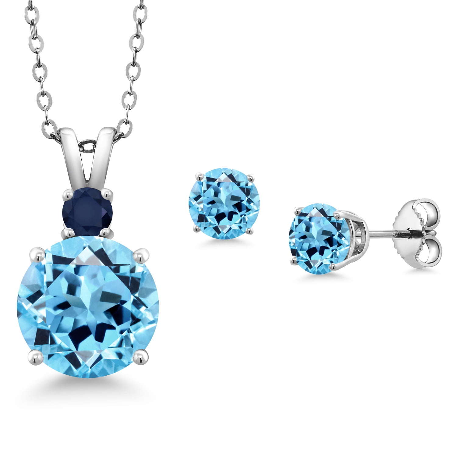 Gem Stone King 925 Sterling Silver Round Swiss Blue Topaz and Blue Sapphire Pendant and Earrings Jewelry Set for Women (6.08 Cttw Gemstone Birthstone with 18 inch Chain)