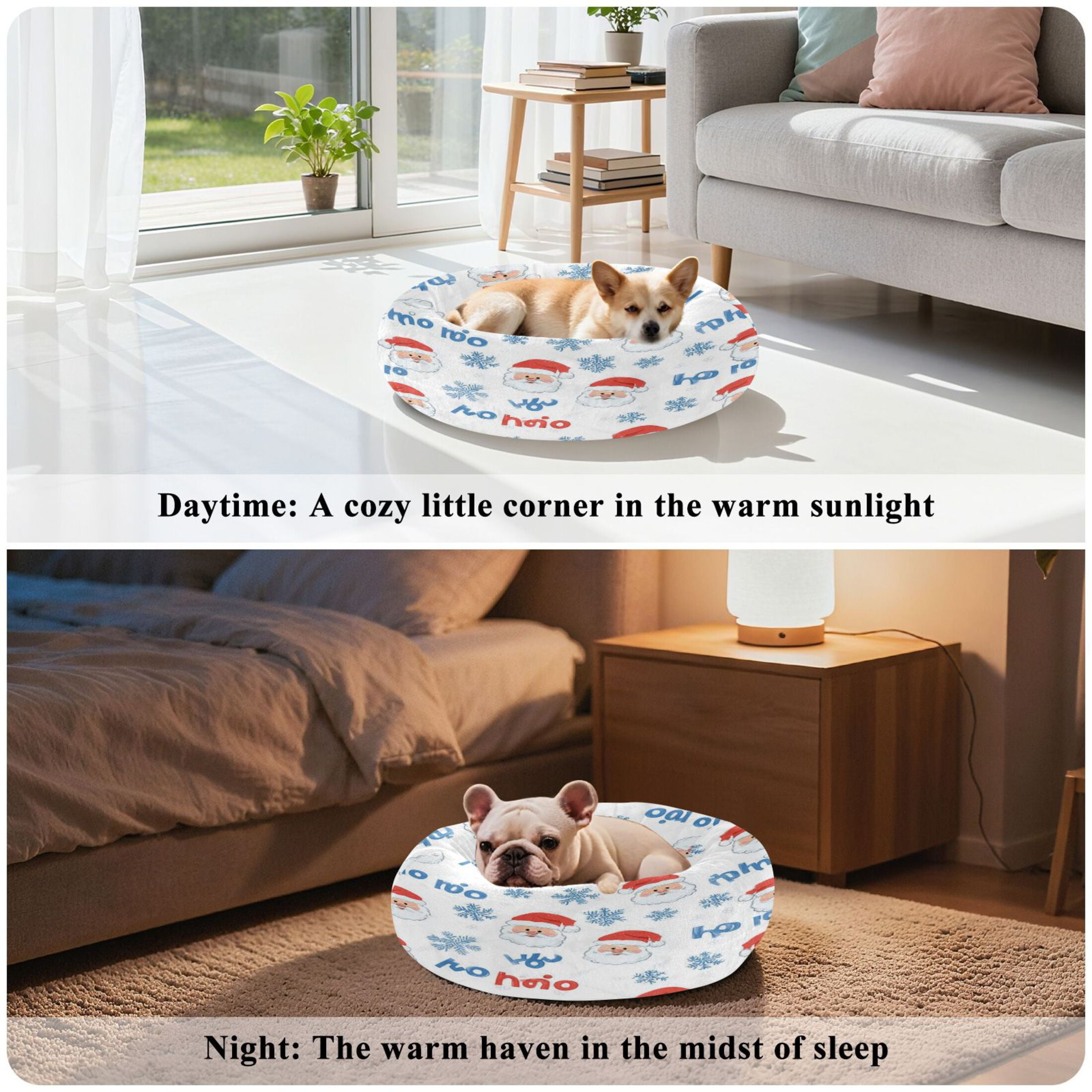 Iauyy Pet Couch Donut Cat Bed for Indoor Cats/Small Dogs Washable & Machine with Non-slip Bottom Calming Cat Furniture, Snowflake Santa Claus Wallpaper (M)