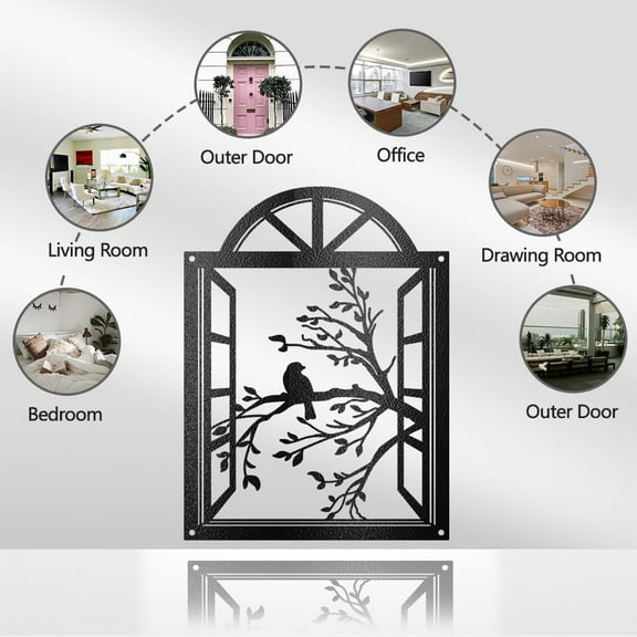 1 pc Bird On Tree Branch Metal Wall Decor Black Iron Bird Wall Art Decor with Hole Metal Bird and Window Wall Hanging Silhouette Sculpture for Living Room Garden Bedroom Office Balcony