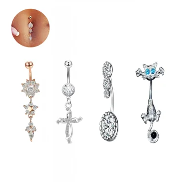 AONYIYI Belly Button Ring Set, 4PCS, Flower, Cat, Silver