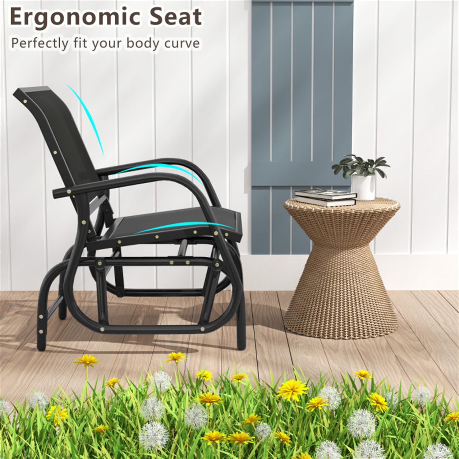 Demi Bonn Outdoor Single Swing Glider Rocking Chair with Armrest, Outdoor Glider Chairs for Porch, Balcony, Poolside, Black