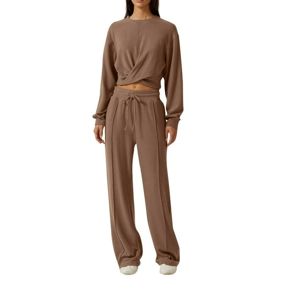 FIOPHY Womens 2 Piece Lounge Sets Twist Front Cropped Sweatshirt Wide Leg Sweatpant Fall Outfits Sweatsuit Tracksuit