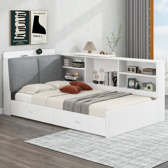Noble House Wrene Twin Size Wood Platform Bed, Storage Headboard Shelves with 2 Drawers and Rotatable Board, White