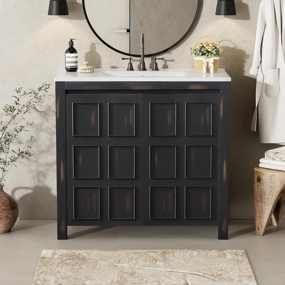36" Bathroom Vanity with Ceramic Sink – Vintage Espresso Storage Cabinet, Countertop & Cabinet Set