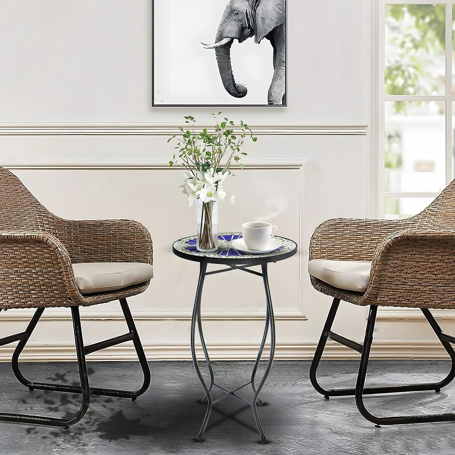 Arbuxzuy Mosaic Glass and Steel Outdoor Modern Round End Table, Blue
