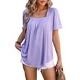 thumbnail image 3 of SHIBEVER Tops for Women Summer Short Sleeve Tshirt Loose Pleated Blouse Casual Solid Color Shirt Fashion Purple Tunic Size M, 3 of 6