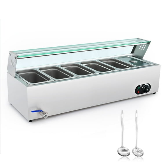 Wilprep Commercial Food Warmer,6 Pan Bain Marie Bain Marie Food Warmer with Glass Shield,Electric Countertop Food Warmer