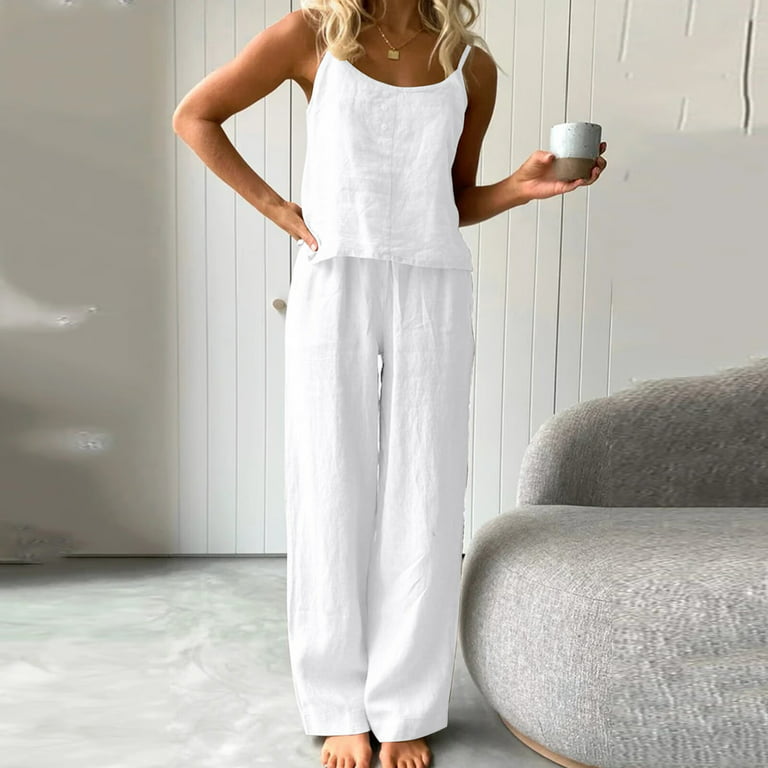 Linen Pants Women'S Summer Solid Color Thin Pajamas Sleeveless Suspenders  Trousers Set Loose Fashion Cotton And Linen Home Clothes Women Cotton And