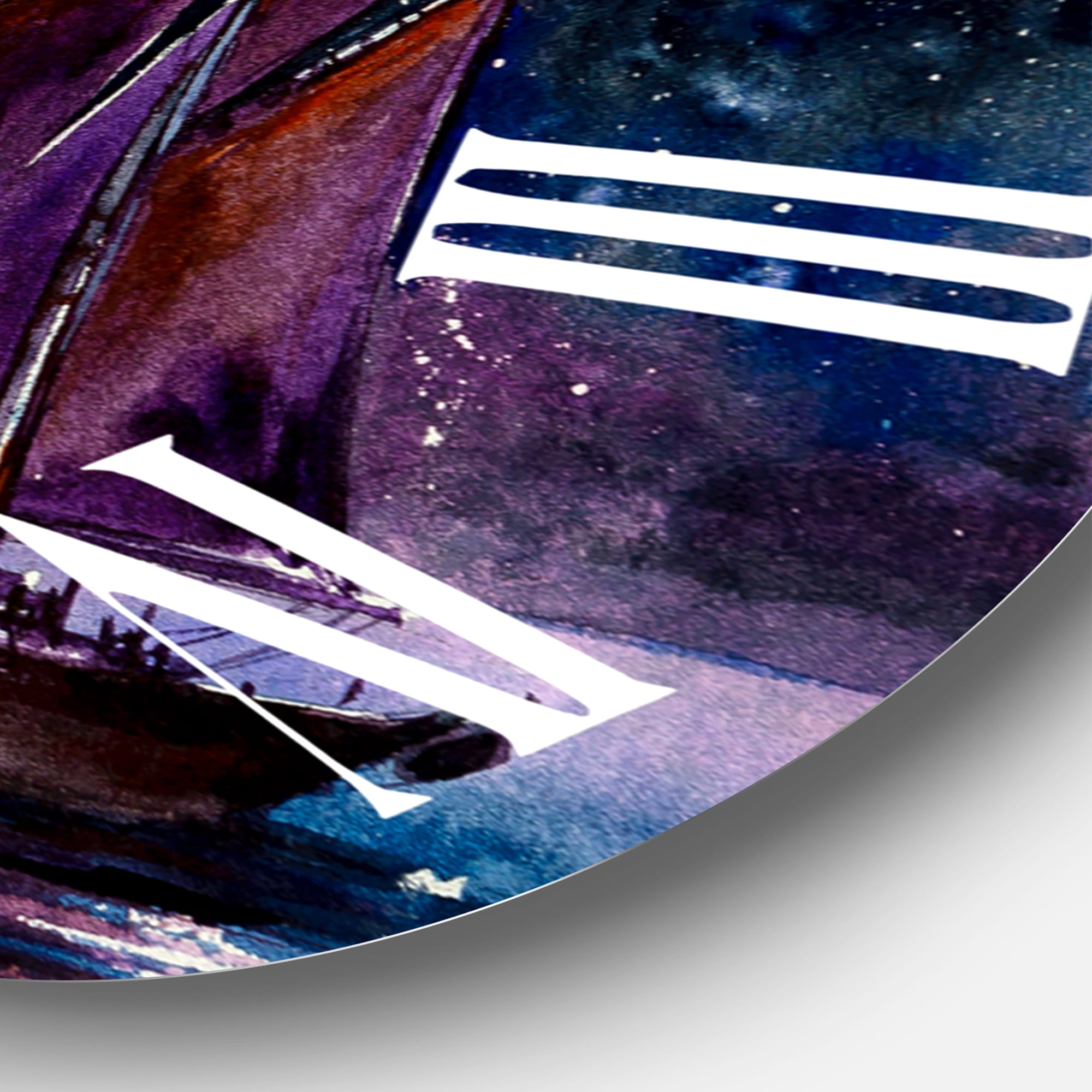 Designart 'Wooden Sailboat With Red Sails & Bright Night Sky' Nautical & Coastal Wall Clock