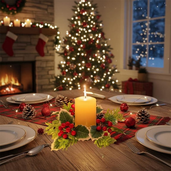 Feltree Christmas Candle Holder with Red Fruit Wreath, Aromatherapy Candle for Desktop Decoration and Holiday Gifts