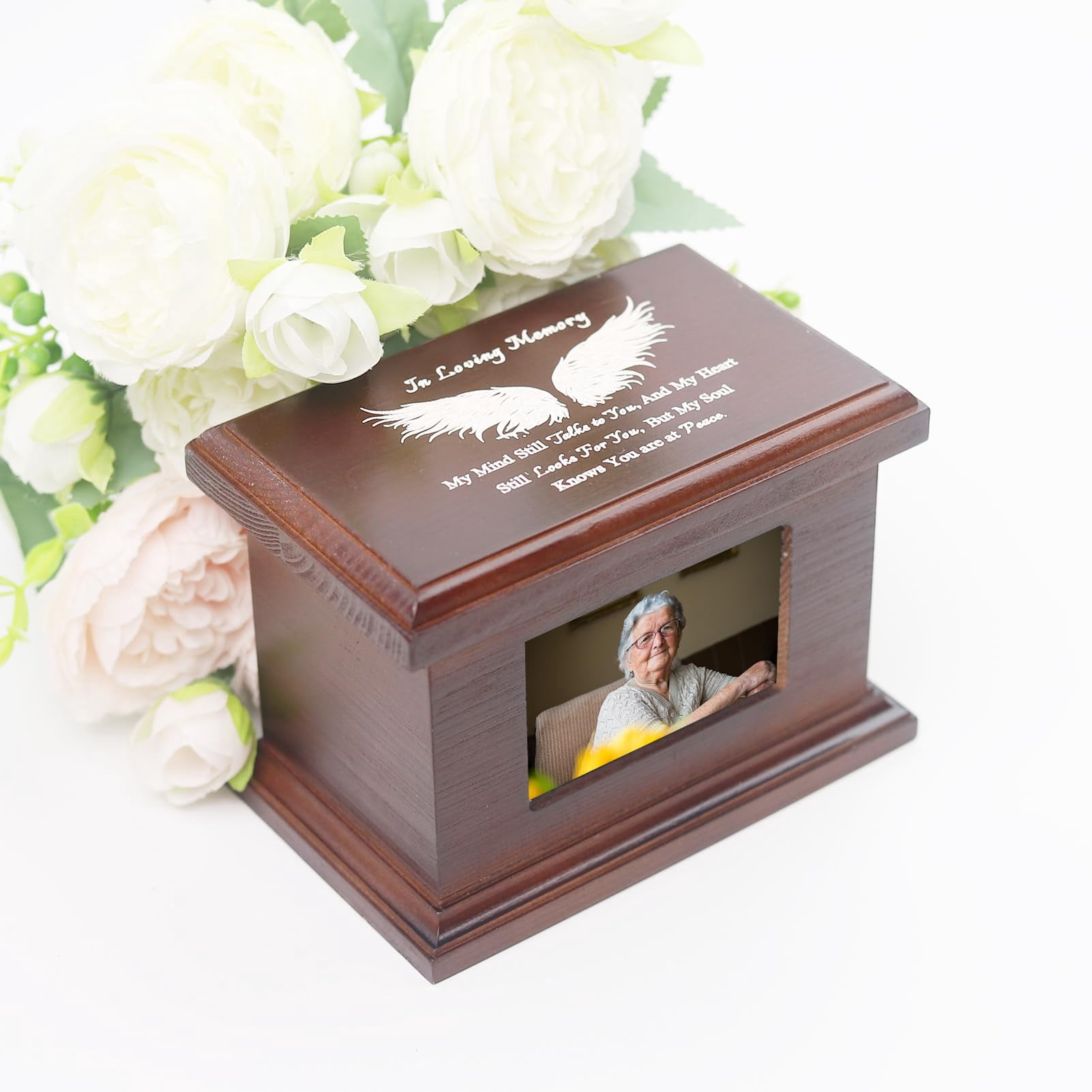 6 Inches Small Wood Urns for Ashes, Funeral Memorial Urns with Photo Frame, Small Urns Keepsake Wooden Urns Box and Casket, Picture Frame Keepsakes Urns for Human/Pet Ashes-Wing