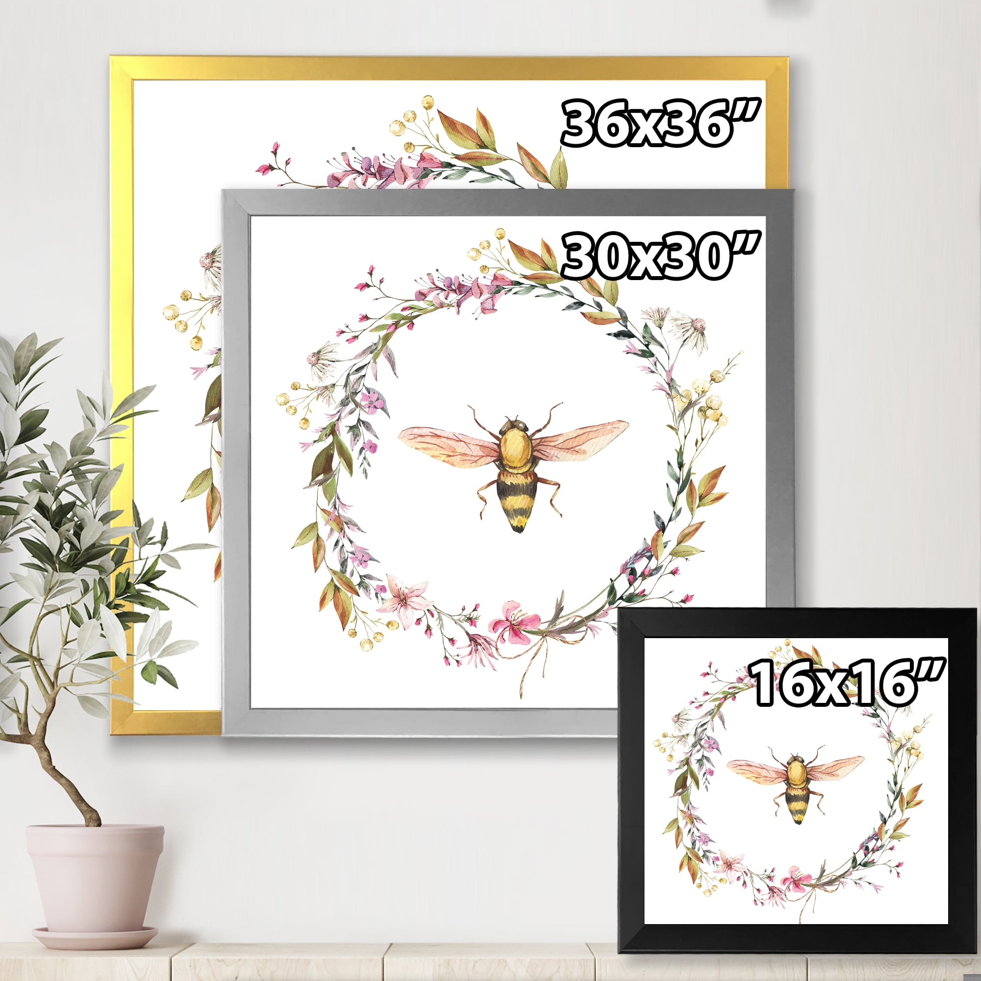 Designart 'Wildflowers Wreath and A Bee' Farmhouse Framed Art Print