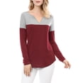 thumbnail image 6 of MODA NOVA Juniors Christmas Split V-Neck Long Sleeves Color Block Casual T-Shirt, 6 of 7