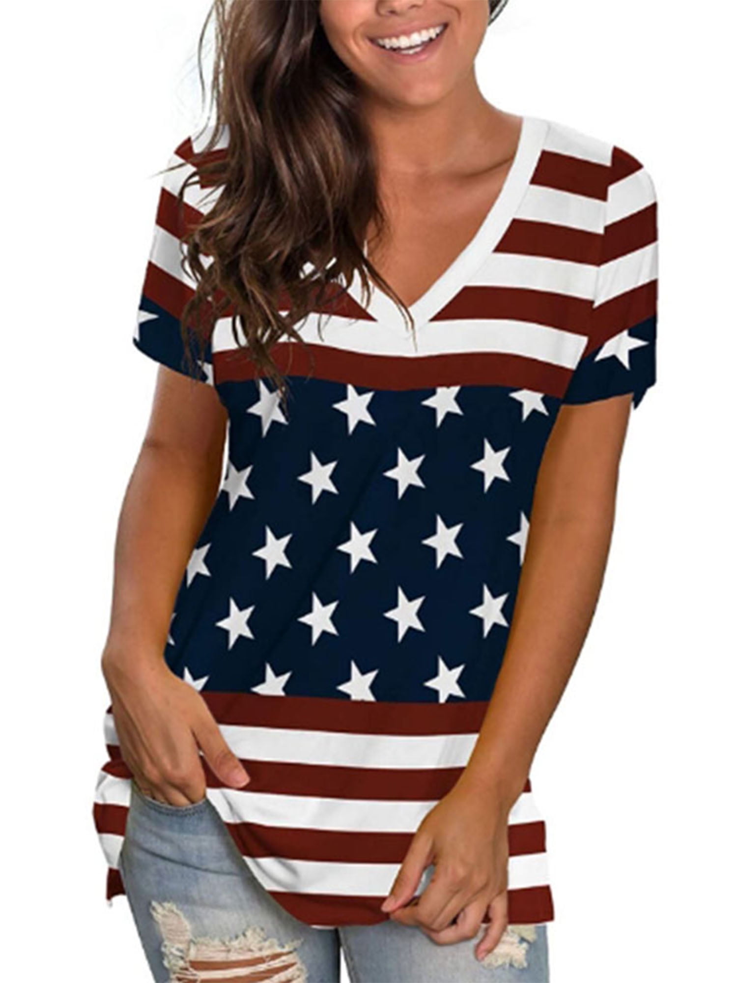 CUCUHAM Women Summer American Flag Printing Shirt Short Sleeve Casual Tops Blouse