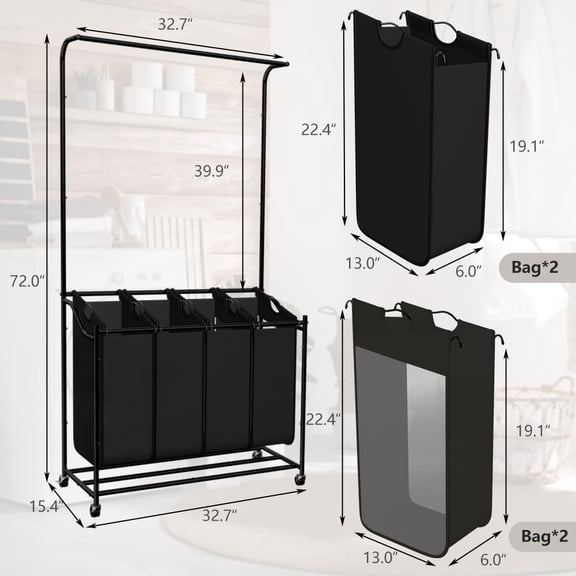 Laundry Sorter 4 Sections with Hanging Bar, 4 Bags Laundry Hamper Rolling Laundry Basket Cart with Lockable Wheels for Laundry Room Bathroom Bedroom, Black