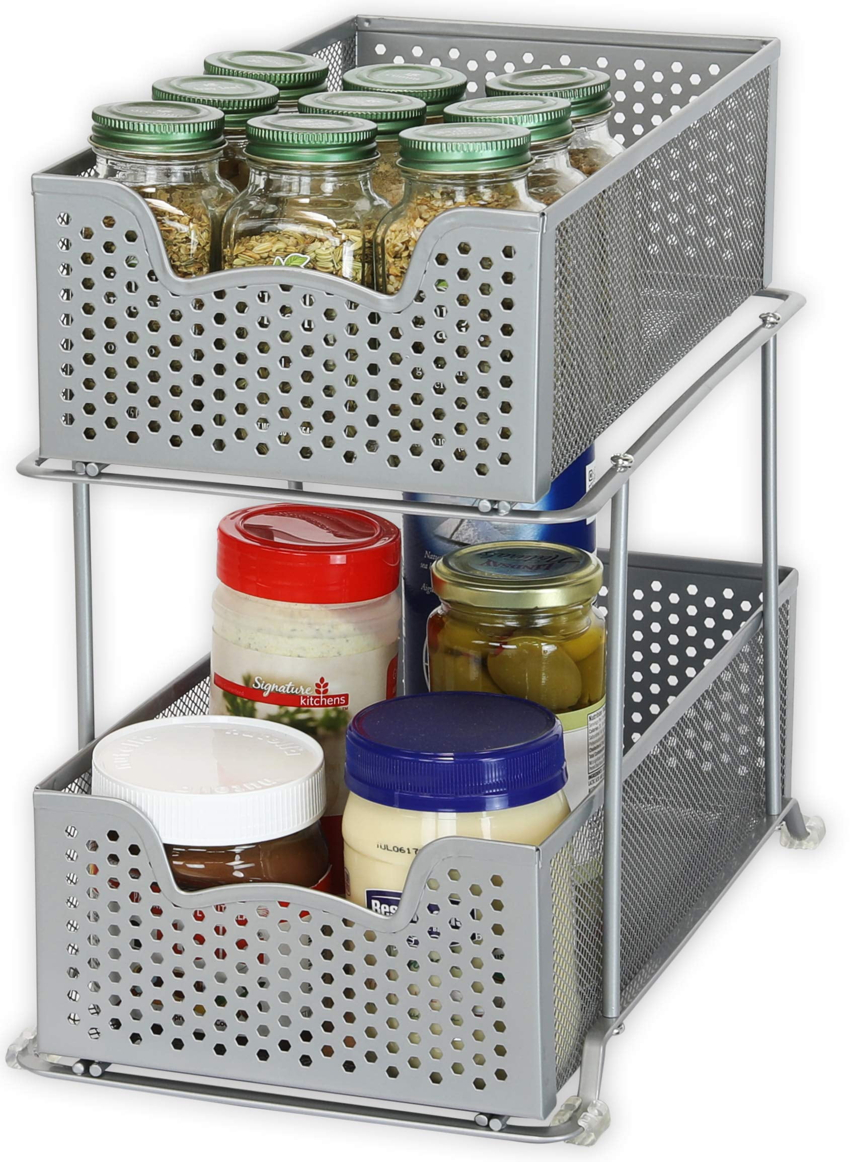 SimpleHouseware 2 Tier Sliding Cabinet Basket Organizer Drawer, Silver