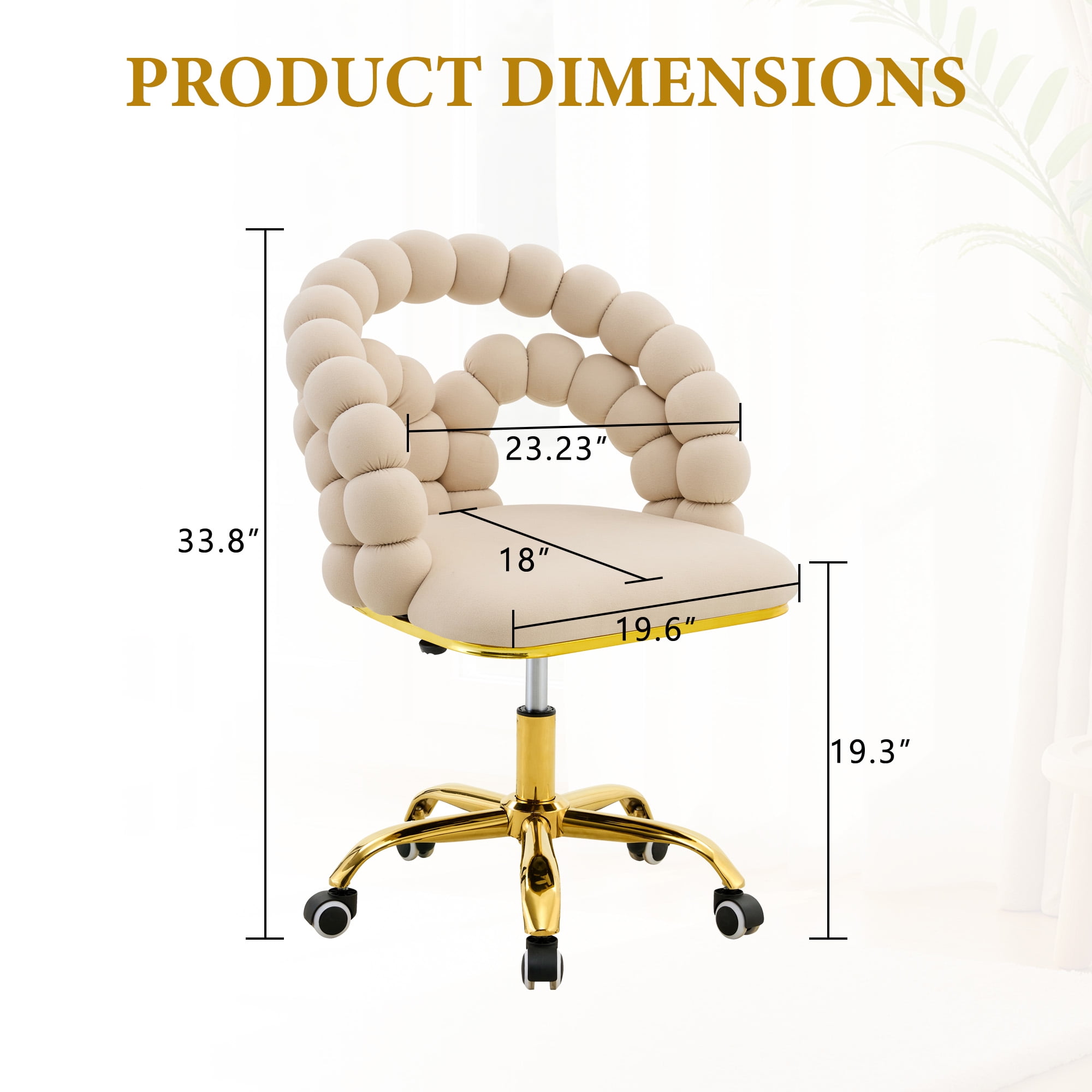 Velvet Swivel Desk Chair with Wheels, Comfortable Adjustable Height Vanity Chair, Bubble Back Computer Task Chair Beige Computer Desk Chair