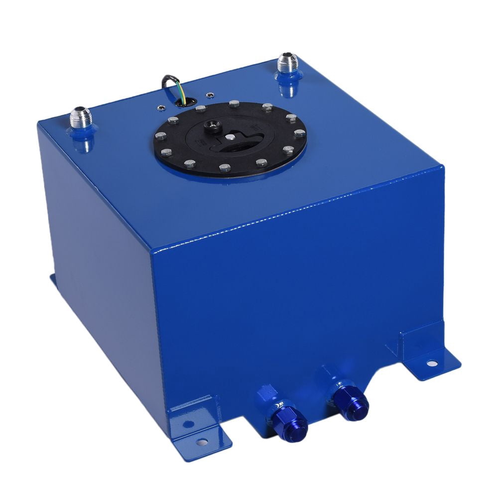 Universal 5 Gallon 20L Aluminum Fuel Tank with 0-90 Ohm Fuel Sender, Blue Finish, Dual -10 Outlets & Vent Outlets, Includes Anti-Slosh Foam, 12x12x8 in, SKU 37899589