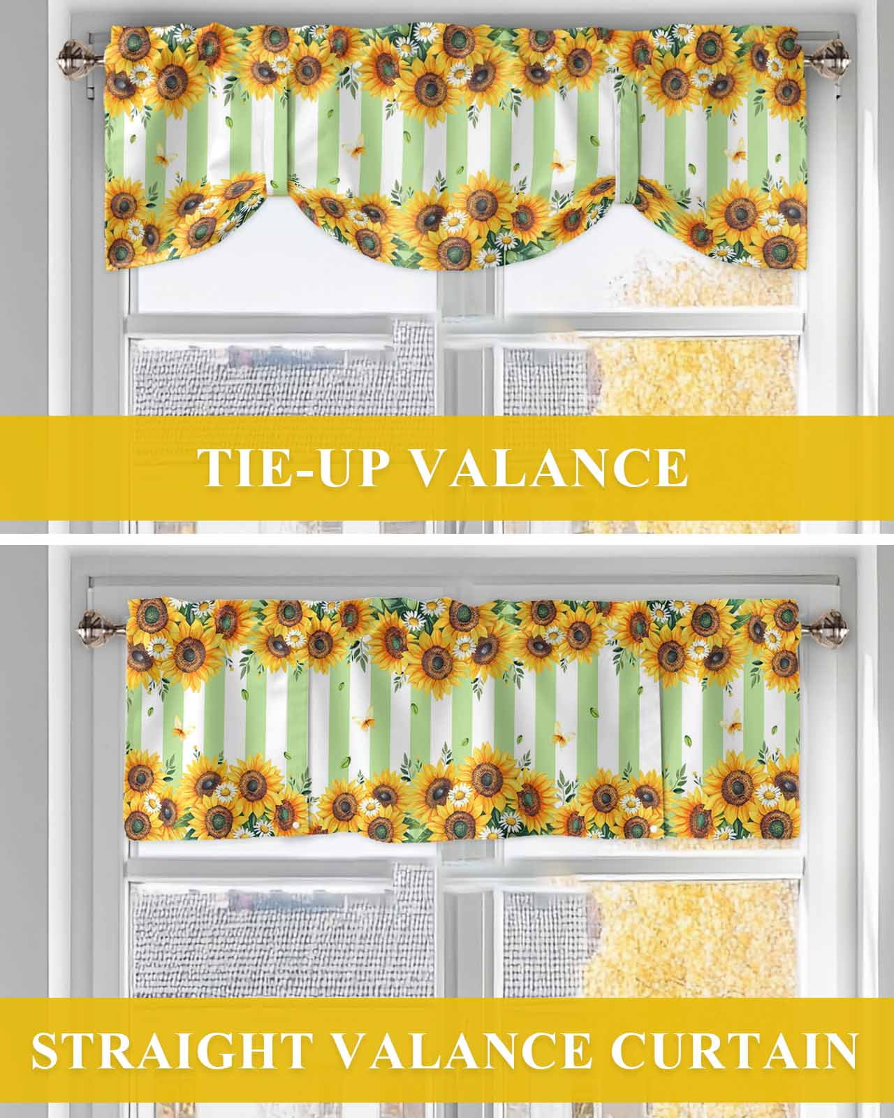 Summer Sunflower Tie Up Valances Curtain, Adjustable Kitchen Daisy Butterfly Leaf Green White Stripe Valances for Windows Decor, Rod Pocket Short Curtains Set for Bedroom/Bathroom, 54"x18"