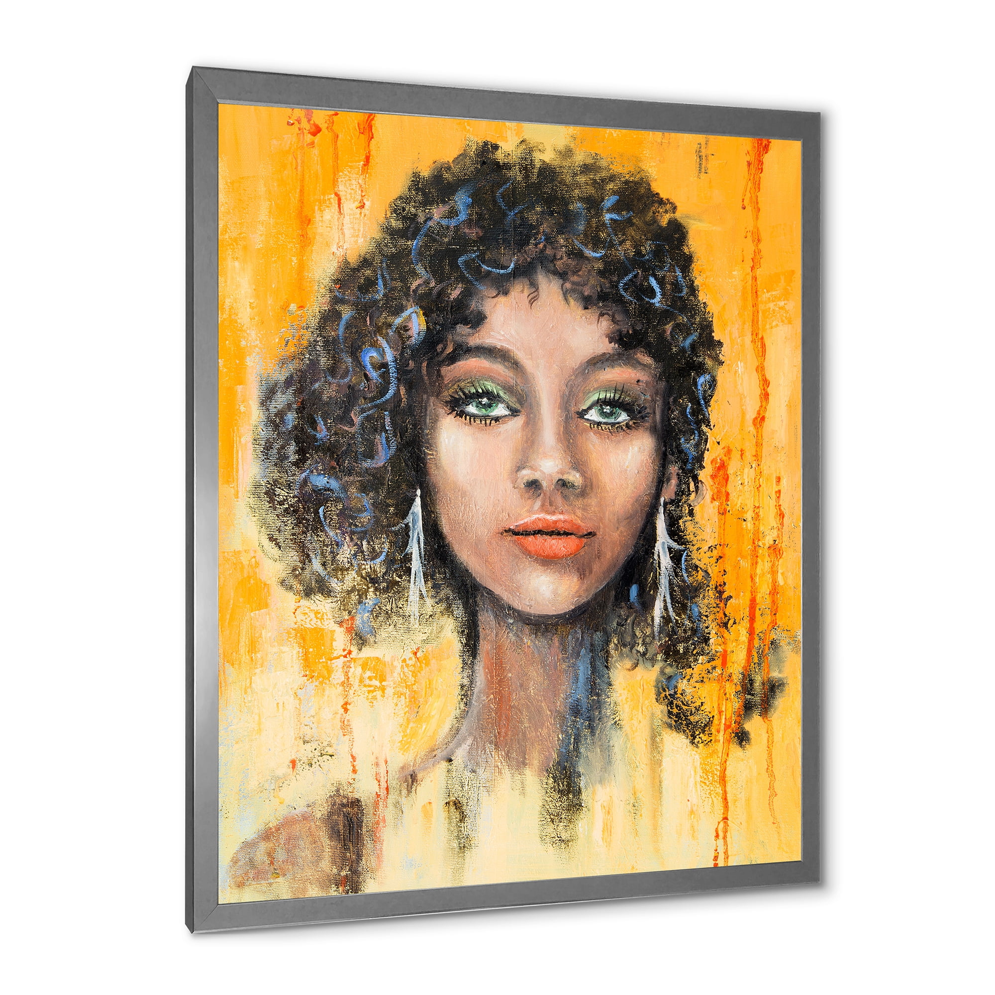 Designart 'Girl Face With Green Eyes & Black Hair Impression' Modern Framed Art Print