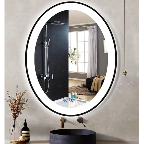 32x24 Inch Oval Black Frame Vanity LED Mirror with 3 Color Lights for Bathroom Wall Black Oval Lighted Mirror Anti-Fog Dimmable Makeup Smart LED Bathroom Vanity Mirror Light Up Wall Mirror